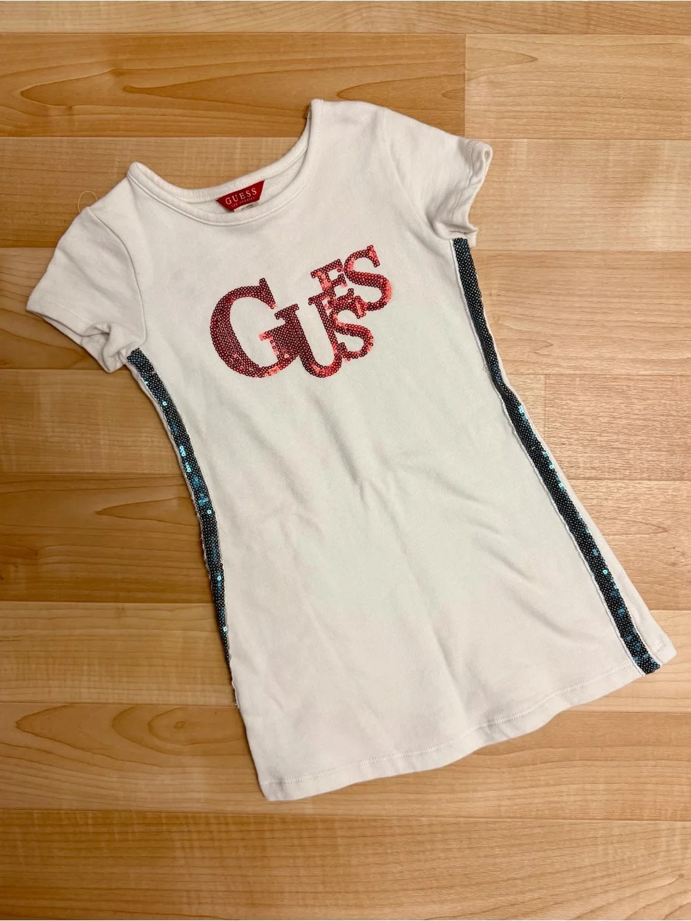 Guess Girls Sequin Logo Tee Dress Size 4 White Sparkle Side Stripe